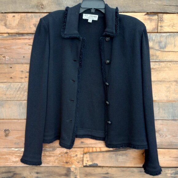 ST. JOHN COLLECTION Black fringe jacket 12 button front - Picture 1 of 8